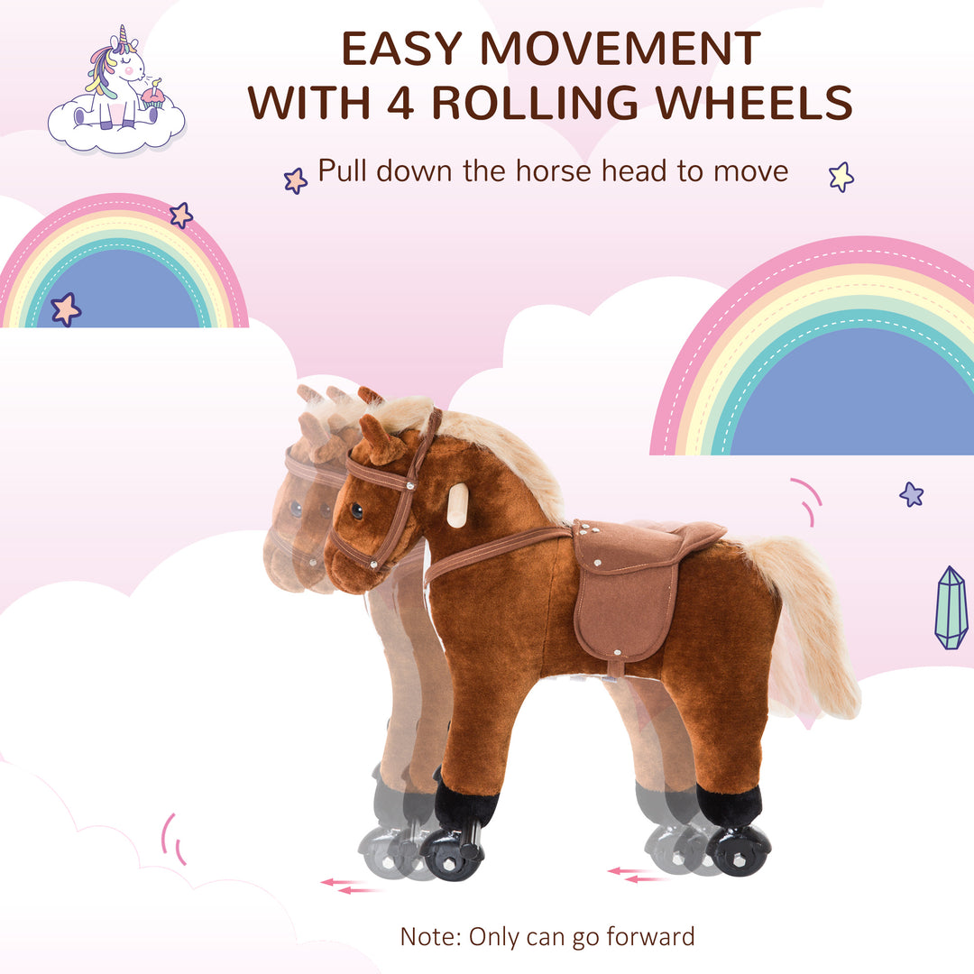 HOMCOM Plush Rocking Horse: Wooden Action Pony with Wheeled Walking, Riding & Sound, Brown | Aosom UK