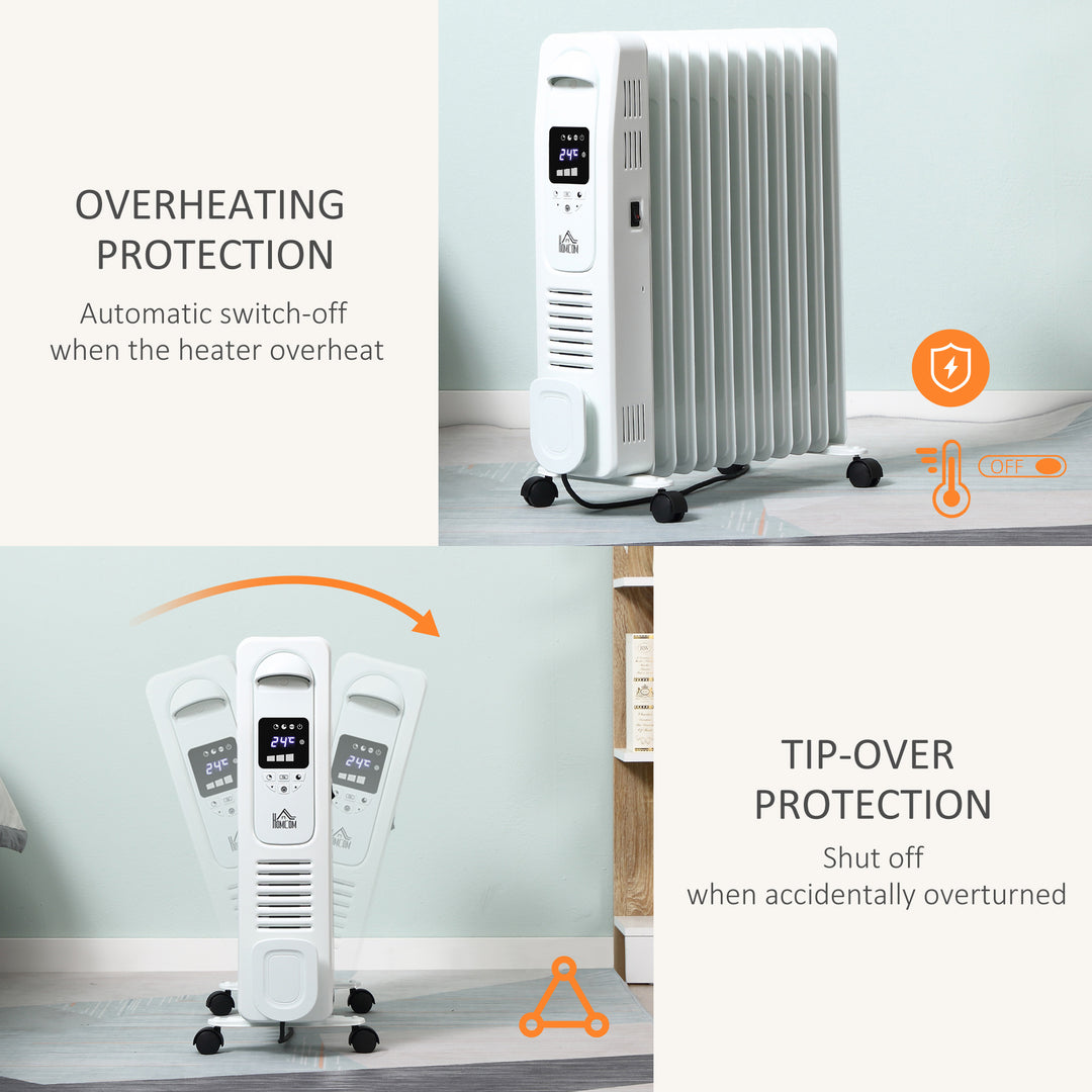 2500W Digital Display Oil Filled Radiator, 11 Fin Portable Electric Heater with Timer, Adjustable Thermostat, Three Heat Settings, Safety Cut Off, Remote, White
