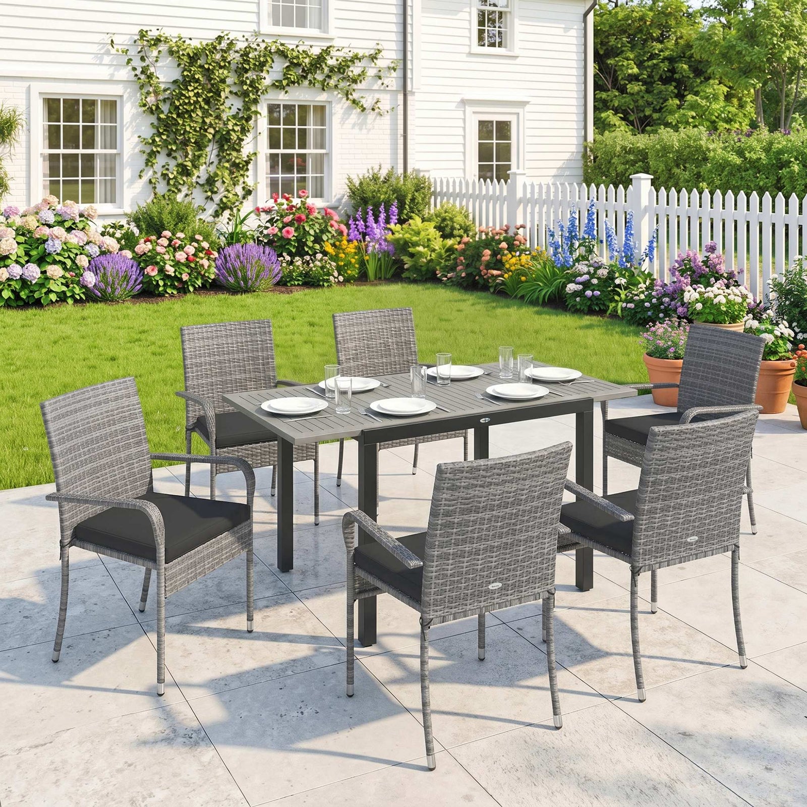 7 Piece Rattan Garden Furniture Set, 6 Seater Garden Table and 6 Stack