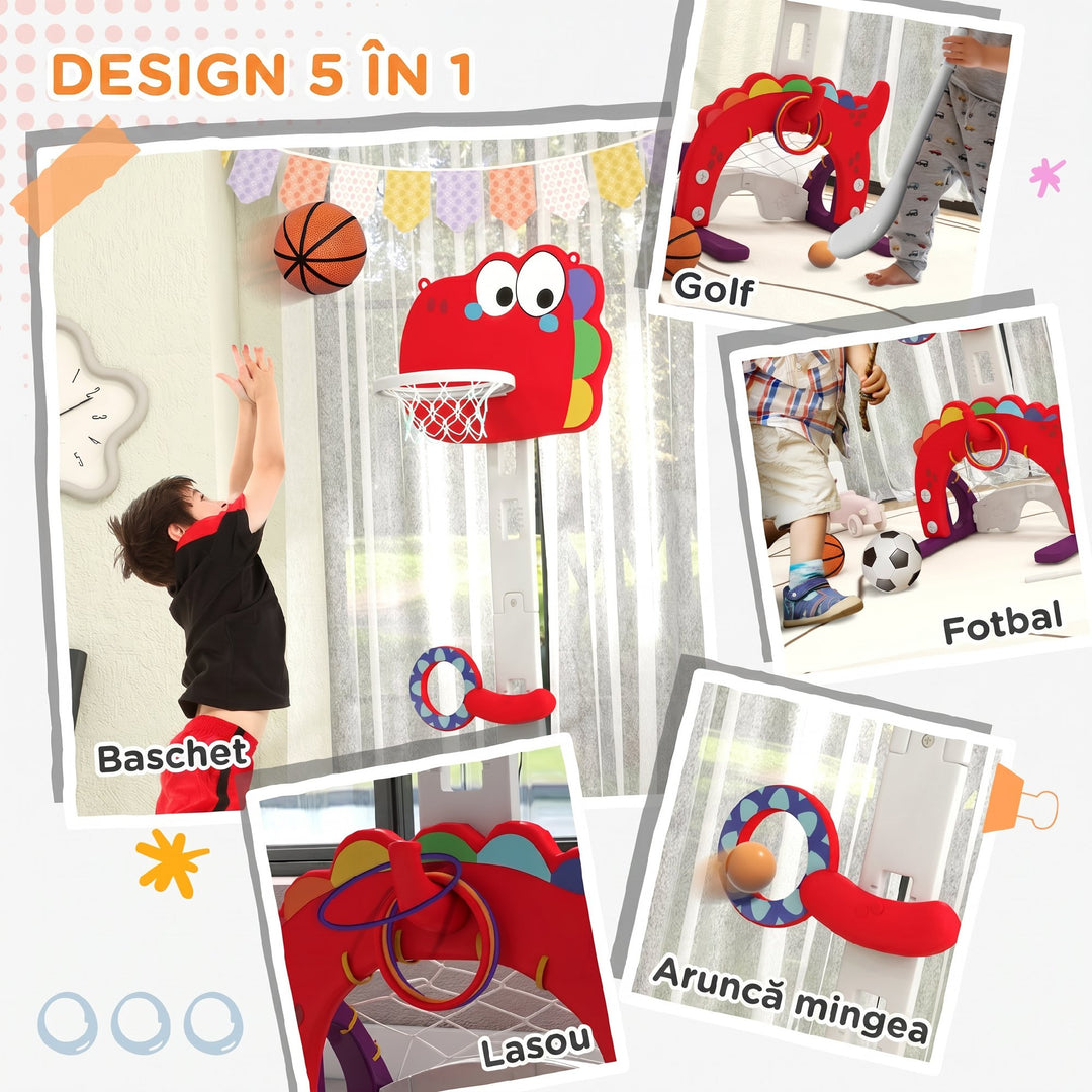 5-in-1 Dinosaur Basketball Set with Adjustable Basketball Stand and Go