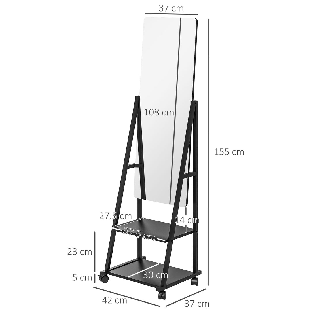 HOMCOM Rolling Full-Length Dressing Mirror on Wheels with Adjustable Angle & Storage Shelves for Bedroom | Aosom UK