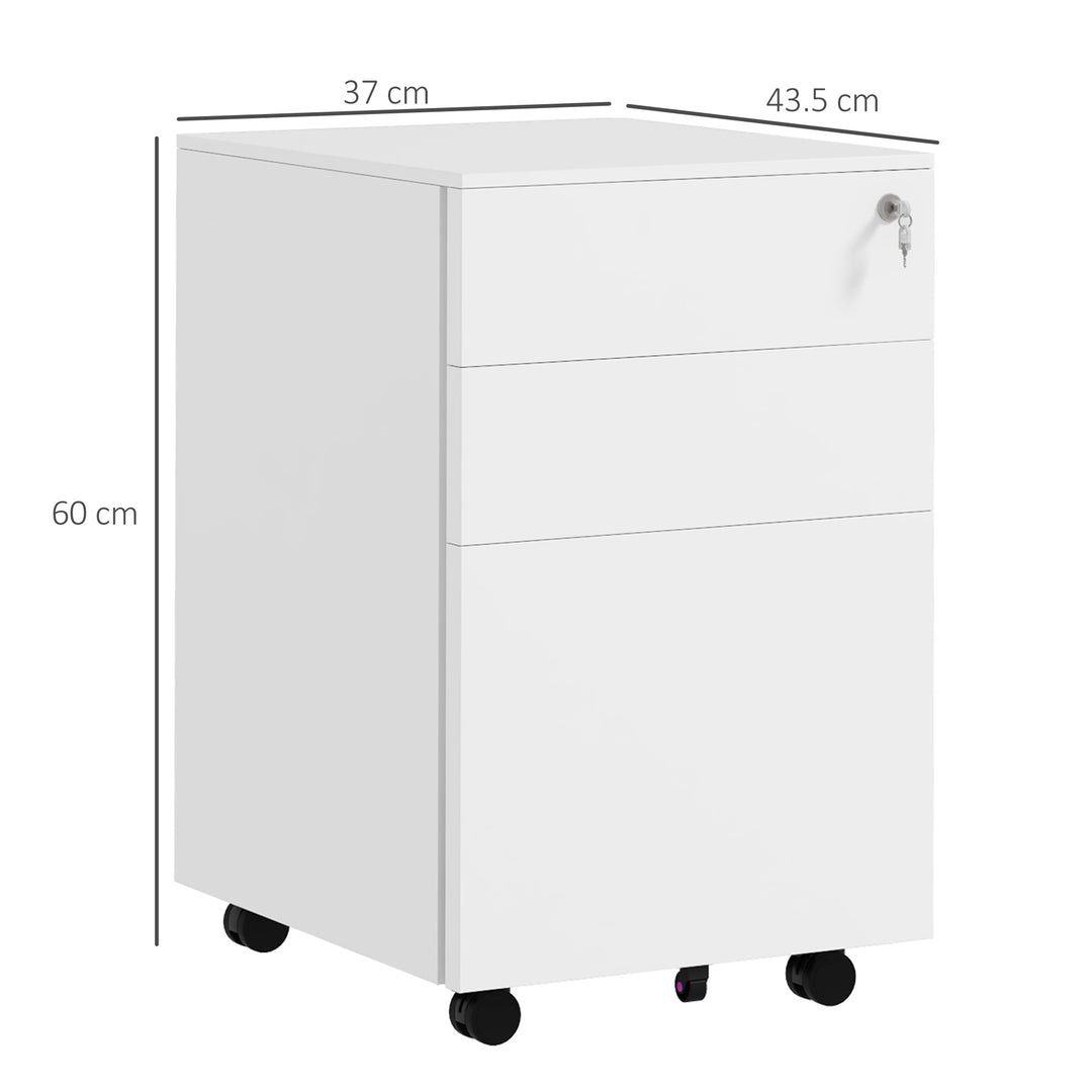 3-Drawer Vertical Filing Cabinet with Pencil Tray, Lock and 5 Wheels, Steel Mobile File Cabinet, for A4, Legal and Letter Size, Pre-Assembled Body, White