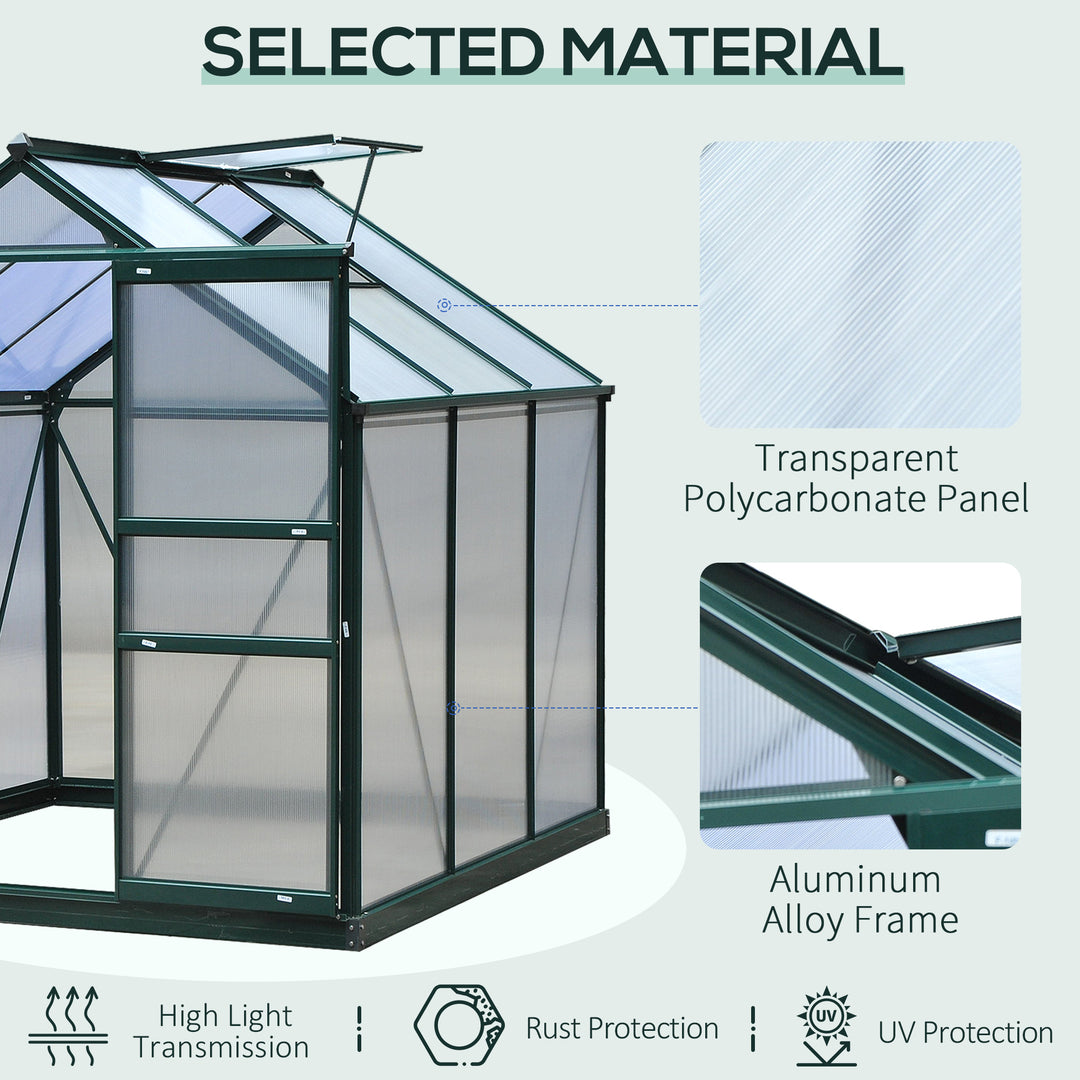 6 x 6ft Polycarbonate Greenhouse, Large Walk-In Green House with Slide Door and Window, Garden Plants Grow House with Aluminium Frame and Foundation, Dark Green