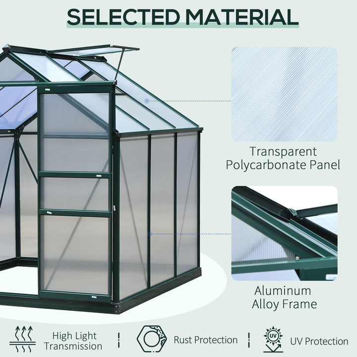 6 x 6ft Polycarbonate Greenhouse, Large Walk-In Green House with Slide Door and Window, Garden Plants Grow House with Aluminium Frame and Foundation, Dark Green