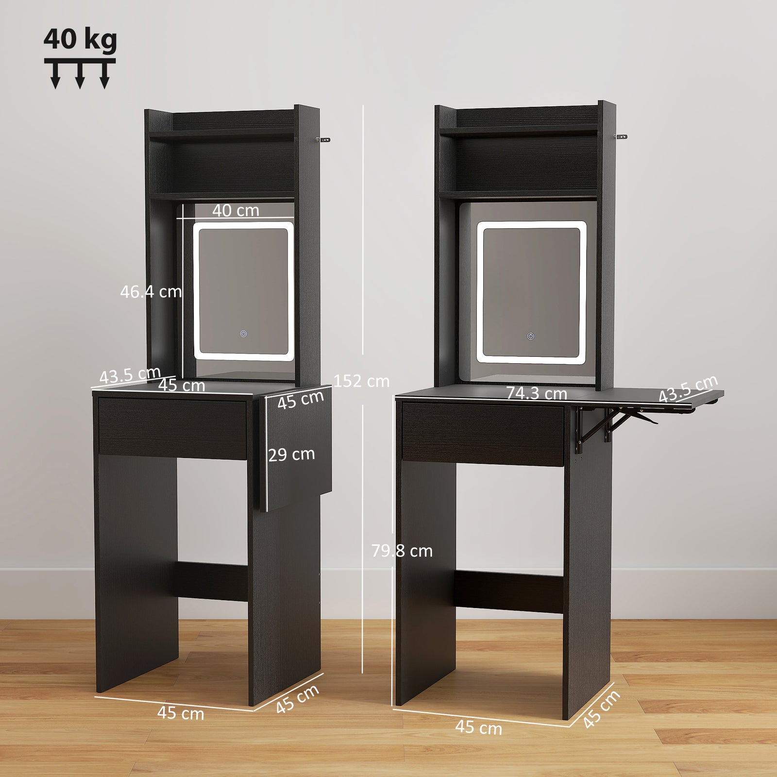 Small Vanity Desk with Mirror and LED Lights, Compact Dressing Table w