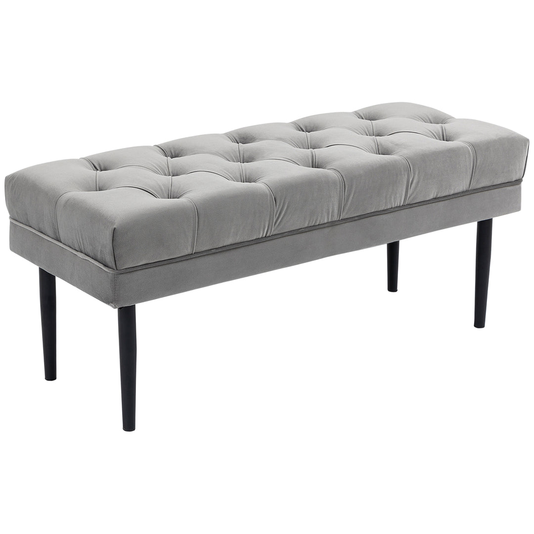 MCL Velvet Bed End Bench, Button Tufted Window Seat, Hallway Shoe Bench, Upholstered Accent Lounge Chair Stool for Living Room, Bedroom, Grey