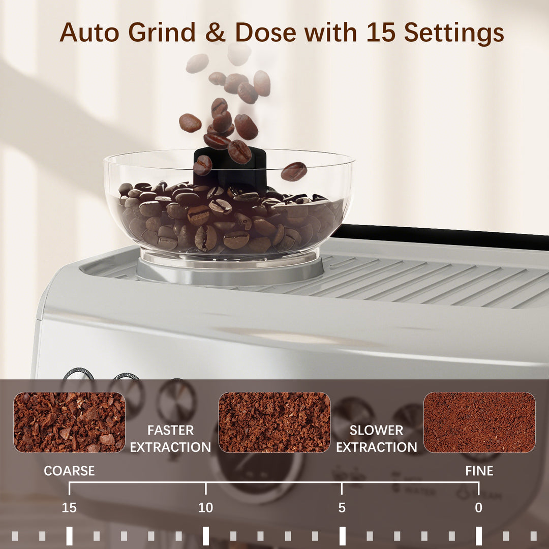 15 Bar Coffee Machine, with Adjustable Grind, Steamer and Accessories - Silver Colour