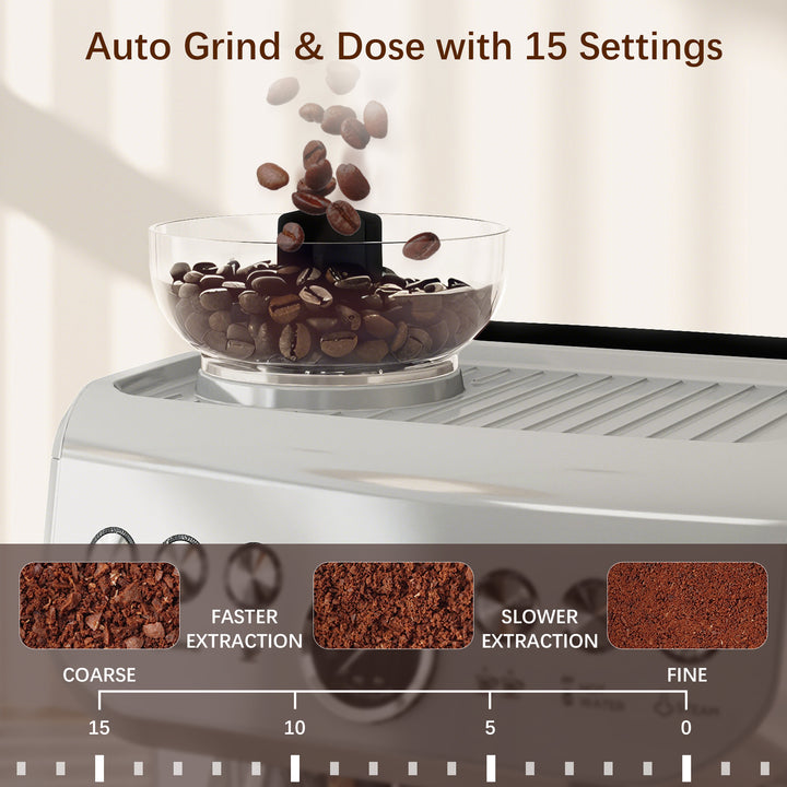 15 Bar Coffee Machine, with Adjustable Grind, Steamer and Accessories - Silver Colour
