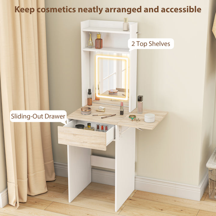 Small Vanity Desk with Mirror and LED Lights, Compact Dressing Table w