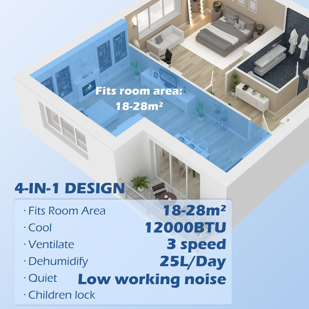 HOMCOM 12,000 BTU Mobile Air Conditioner for Room up to 28m², with Dehumidifier, Quiet Mode, 24H Timer, Wheels, Child Lock