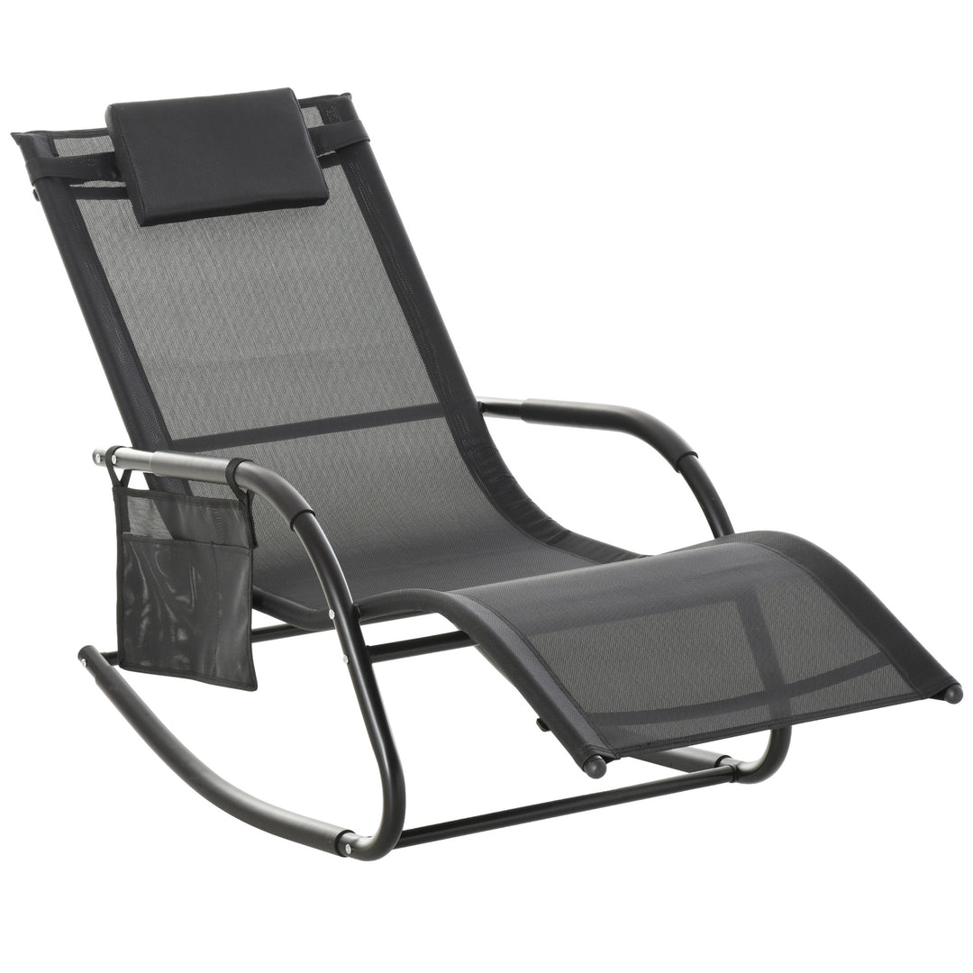 Outdoor Garden Rocking Chair, Patio Sun Lounger Rocker Chair with Breathable Mesh Fabric, Removable Headrest Pillow, Armrest, Side Storage Bag, Black