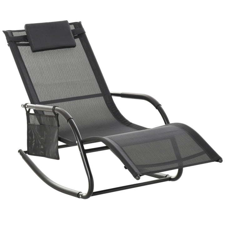 Outdoor Garden Rocking Chair, Patio Sun Lounger Rocker Chair with Breathable Mesh Fabric, Removable Headrest Pillow, Armrest, Side Storage Bag, Black