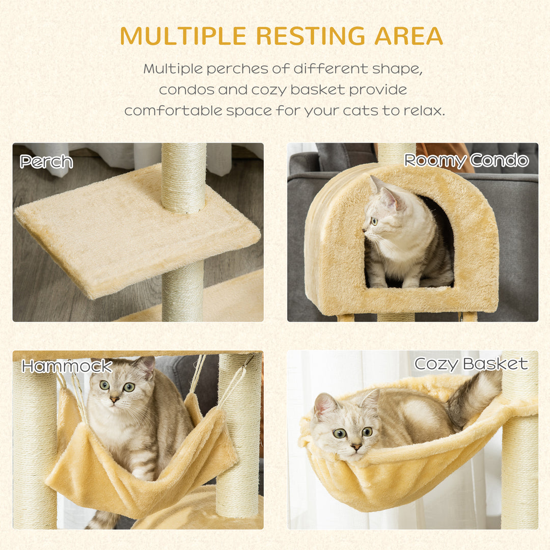 PawHut Cat Tree with Scratching Post, Hammock, Condo, Basket, Ladder Activity Centre for Kittens, 98 cm, Beige | Aosom UK