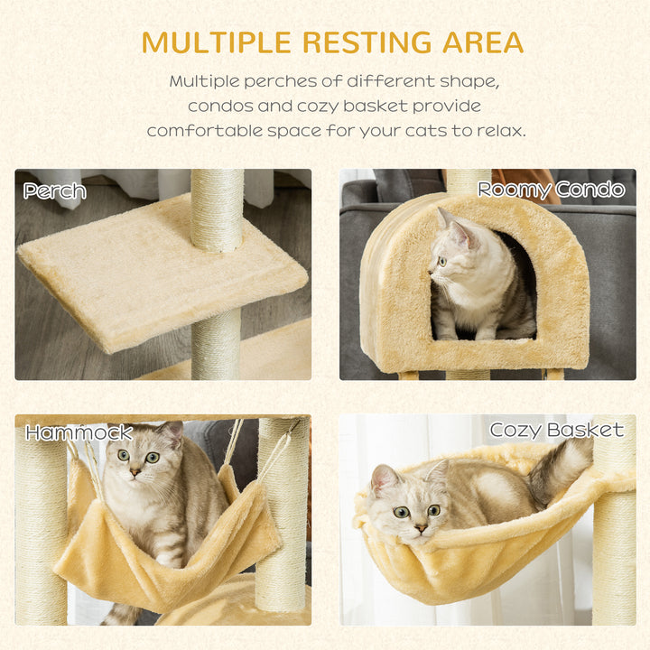 PawHut Cat Tree with Scratching Post, Hammock, Condo, Basket, Ladder Activity Centre for Kittens, 98 cm, Beige | Aosom UK