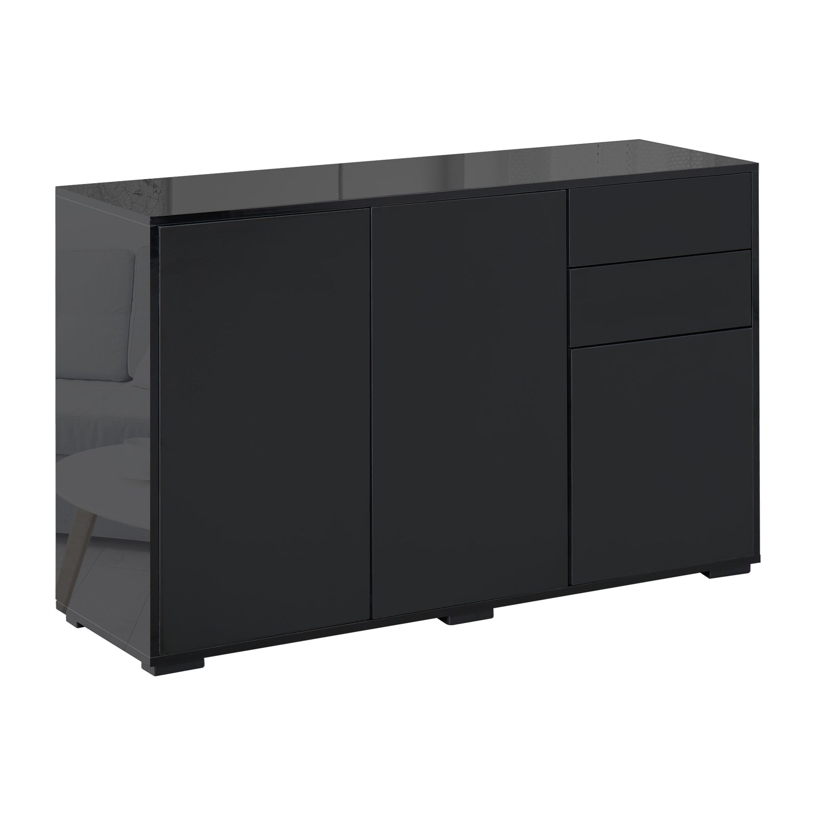 High Gloss Side Cabinet, Push-Open Design with 2 Drawers and 2 Cabinets for Living Room, 74H x 117W x 36Dcm, Black