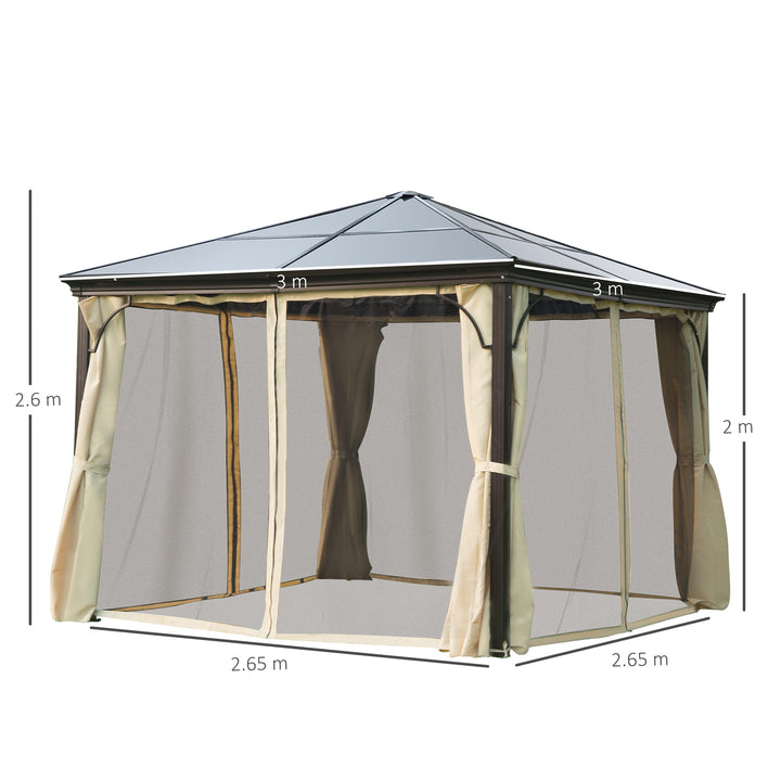 Outsunny 3 x 3(m) Hardtop Gazebo Canopy with Polycarbonate Roof and Aluminium Frame, Garden Pavilion with Mosquito Netting and Curtains, Brown