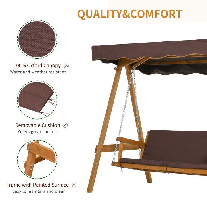 3 Seater Garden Swing Seat Outdoor Swing Chair with Adjustable Canopy, Wooden Hammock Bench with Padded Cushions for Patio Yard, Brown