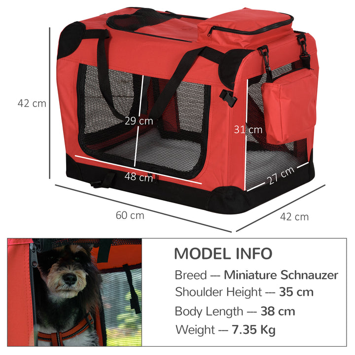 MCL Foldable Pet Carrier for Small and Miniature Dogs, Portable Cat Carrier Soft Side Pet Travel Crate with Removable Mat, Storage Bags, Breathable Mesh Window 60 x 42 x 42cm - Red