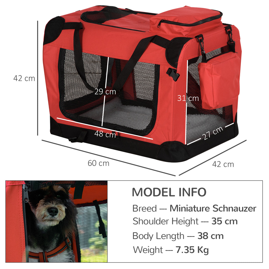 Foldable Pet Carrier for Small and Miniature Dogs, Portable Cat Carrier Soft Side Pet Travel Crate with Removable Mat, Storage Bags, Breathable Mesh Window 60 x 42 x 42cm - Red
