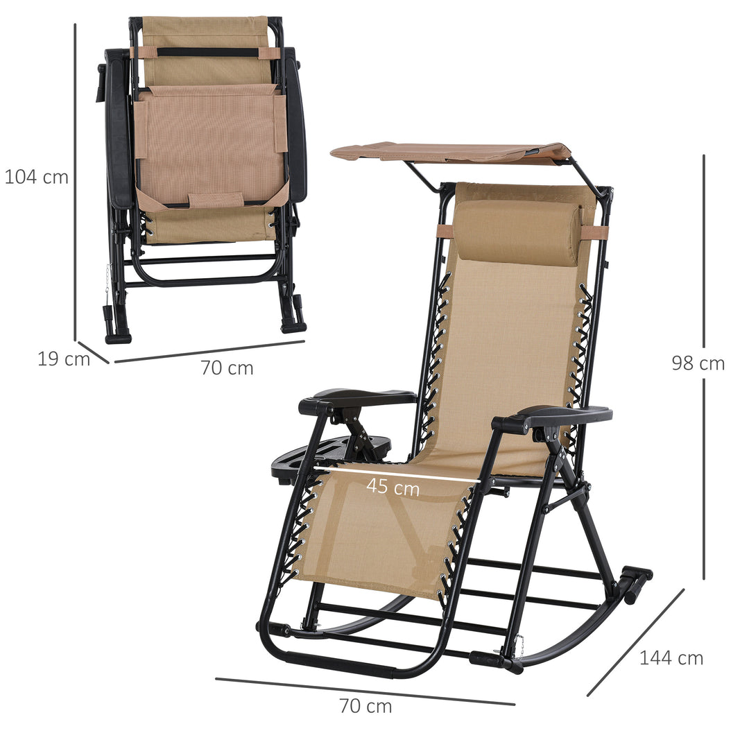 Garden Rocking Chair Folding Recliner Outdoor Adjustable Sun Lounger Rocker Zero-Gravity Seat with Headrest Side Holder Patio Deck - Beige