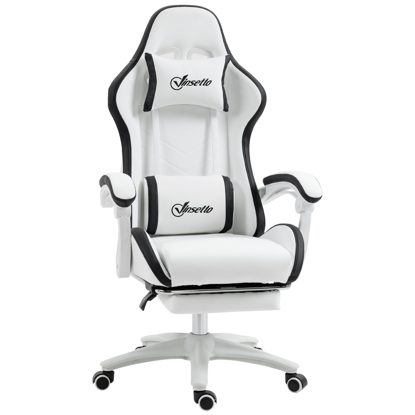 Computer Gaming Chair, PU Leather Office Desk Chair with Footrest, Swivel Wheels, 135° Reclining Back, Lumbar Support, Headrest for Home, White and Black