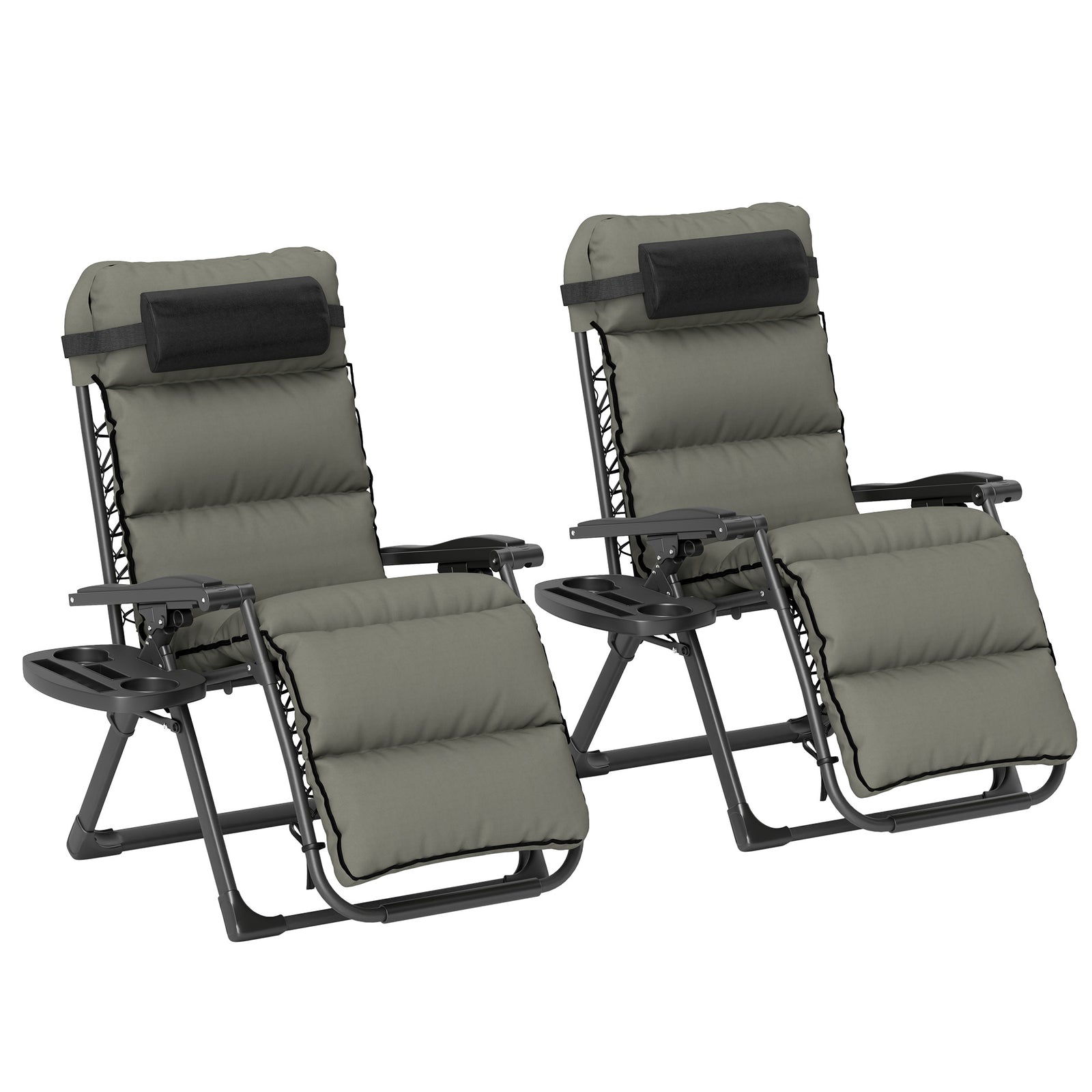 Set of Two Reclining Sun Loungers, with Cushion - Grey