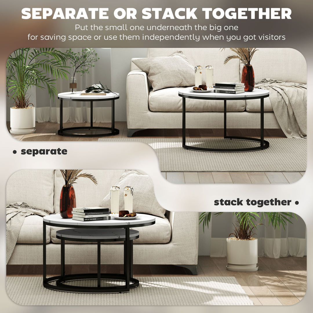 Set of Two Marble-Effect Stacking Tables - Black/White