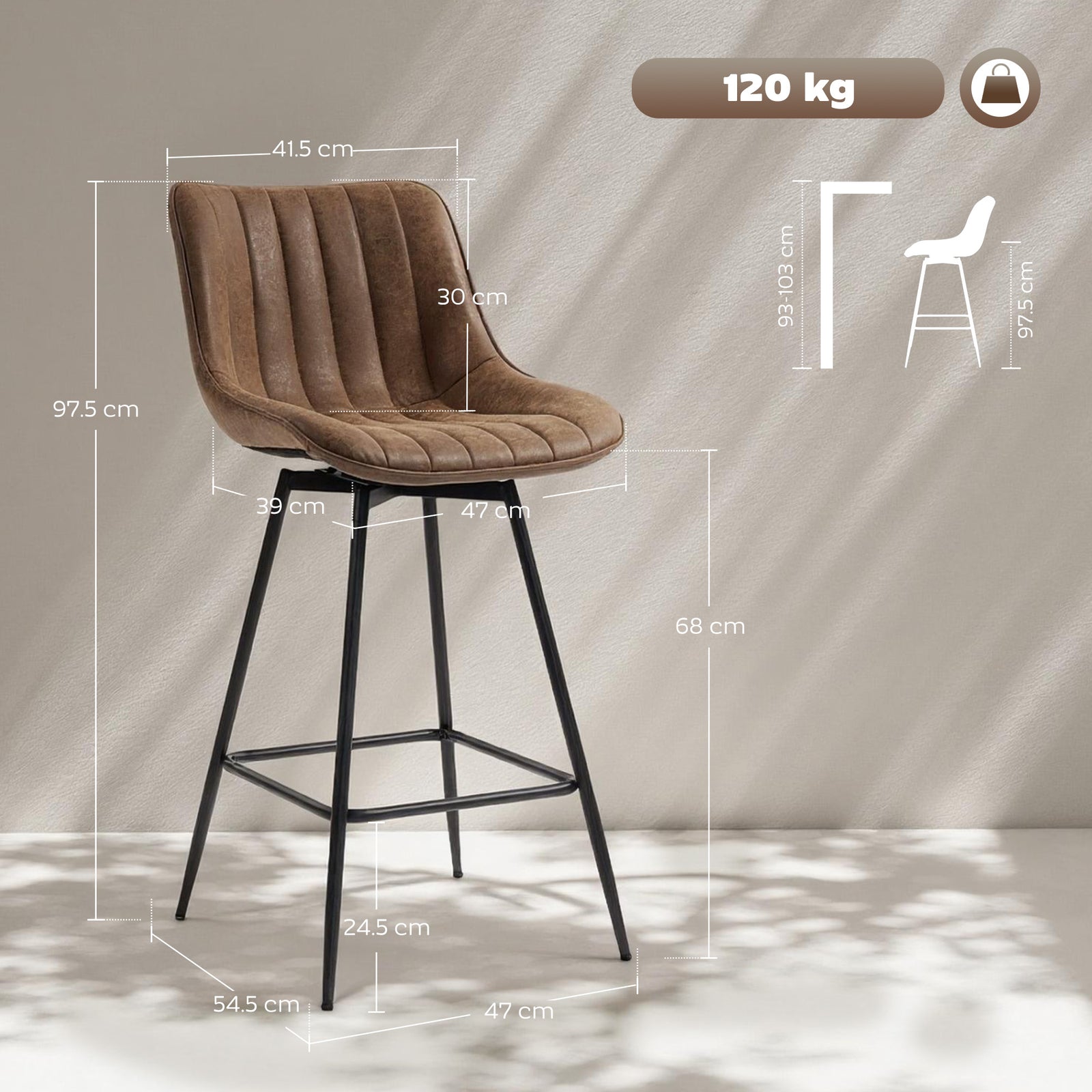 Set of 2 PU Leather Swivel Bar Stools - Brown