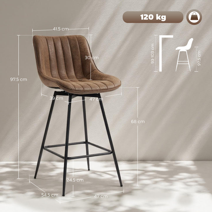 Set of 2 PU Leather Swivel Bar Stools - Brown