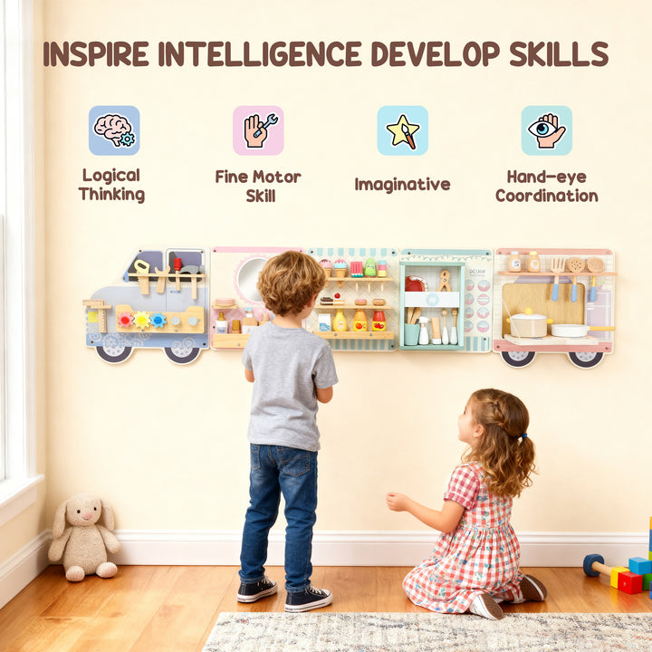 MCL Wooden Busy Board, 5 in 1 Activity Wall Panels for Kids 3+ Years, for Daycare, Playroom, Home