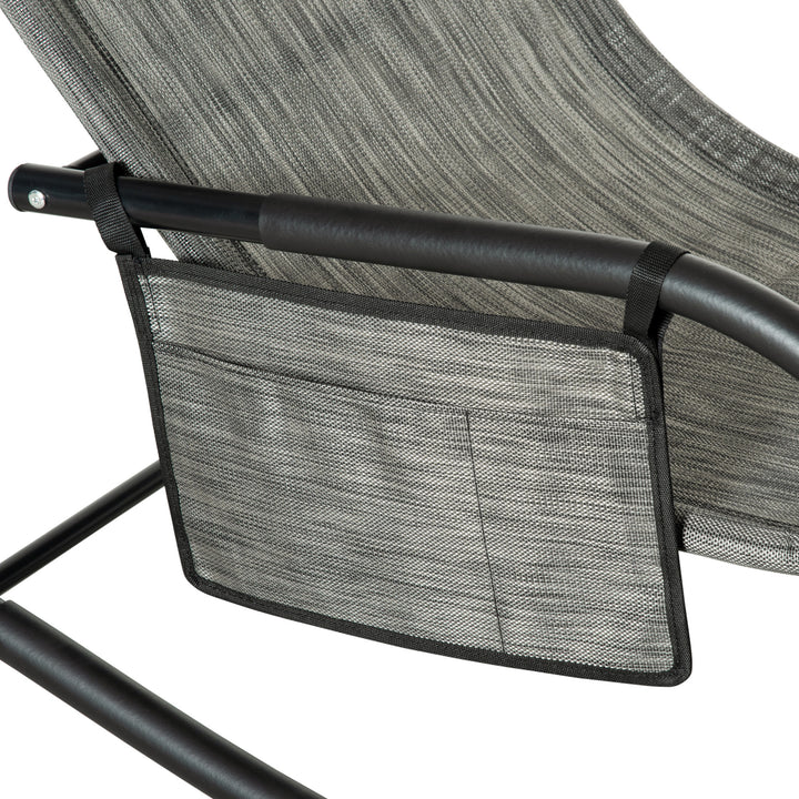 2PCs Outdoor Garden Rocking Chair, Patio Sun Lounger Rocker Chair with Breathable Mesh Fabric, Removable Headrest Pillow, Armrest, Side Storage Bag, Dark Grey