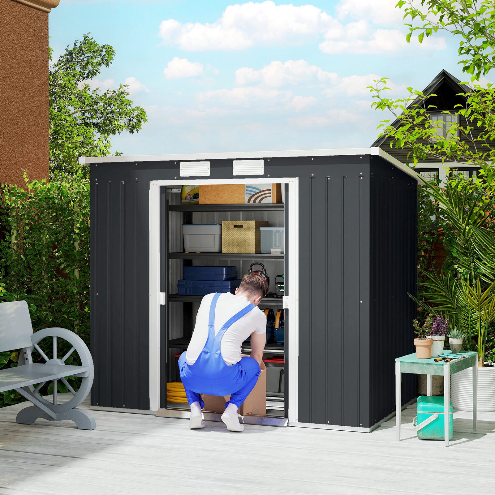 7 x 4ft Galvanised Steel Garden Shed, with Foundation Kit - Dark Grey