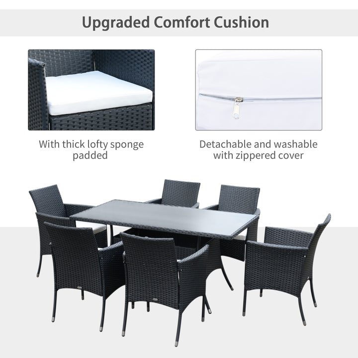 6 Seater Rattan Dining Set with Cushions, Rattan Garden Furniture Set with 6 Armchairs, Rectangular Glass Top Table, Outdoor Dining Table and Chairs, Black
