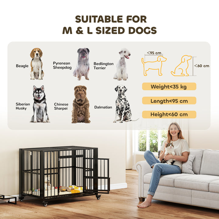 43" Heavy Duty Dog Crate, Foldable Dog Cage, with Openable Top, Locks, Removable Tray, Wheels - Black