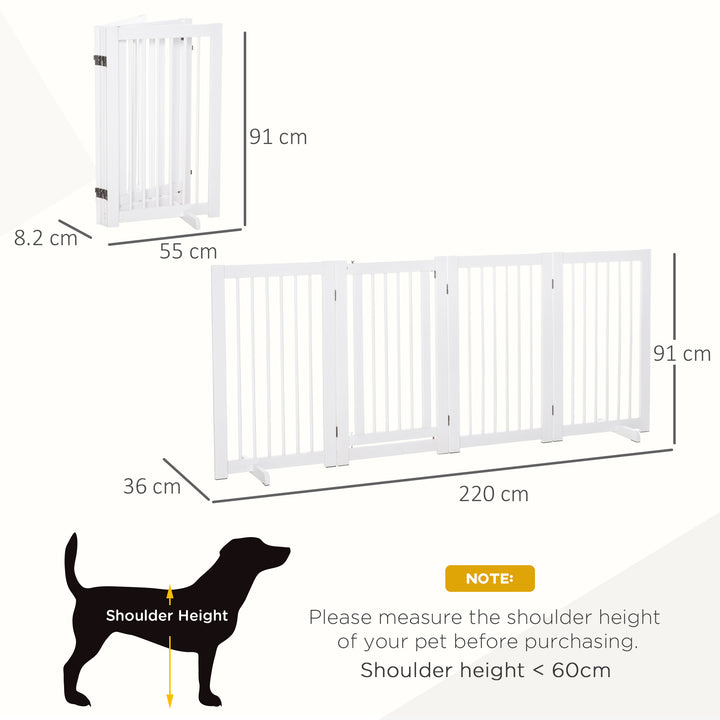 PawHut Wooden Freestanding Pet Gate 4 Panels 91cm Foldable Dog Safety Fence with 2 Support Feet Walk-through Door for Doorway Stairs White | Aosom UK