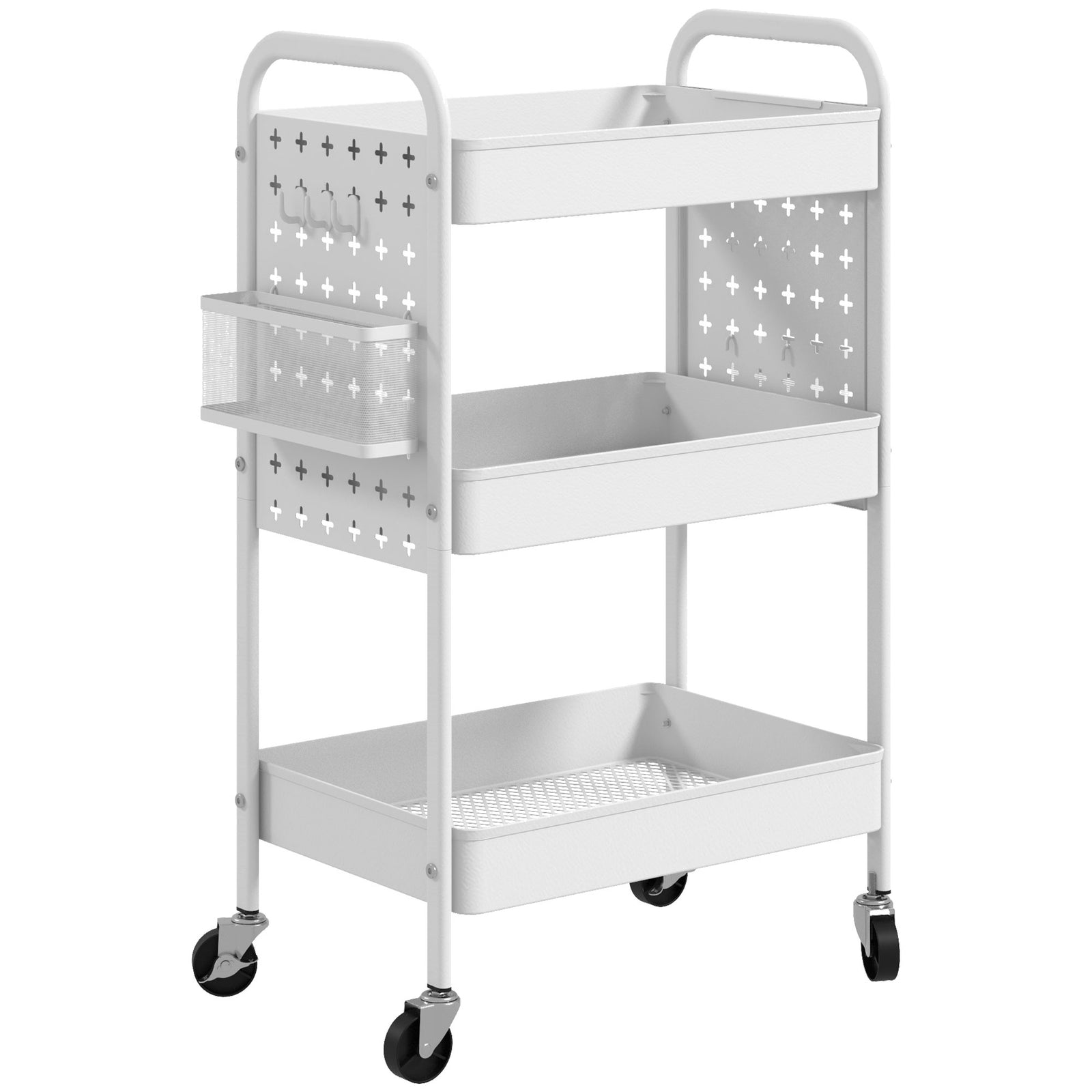 3-tier Storage Trolley on Wheels, Rolling Utility Serving Cart with 3 Mesh Baskets, 2 Hanging Boxes and 6 Hooks for Living Room, Kitchen, White