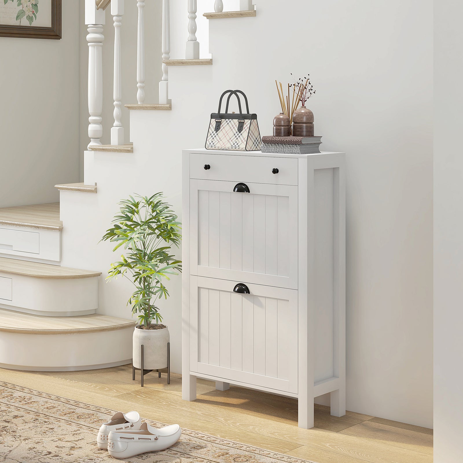 Narrow Shoe Cabinet with 2 Flip Drawers and Adjustable Shelves, White