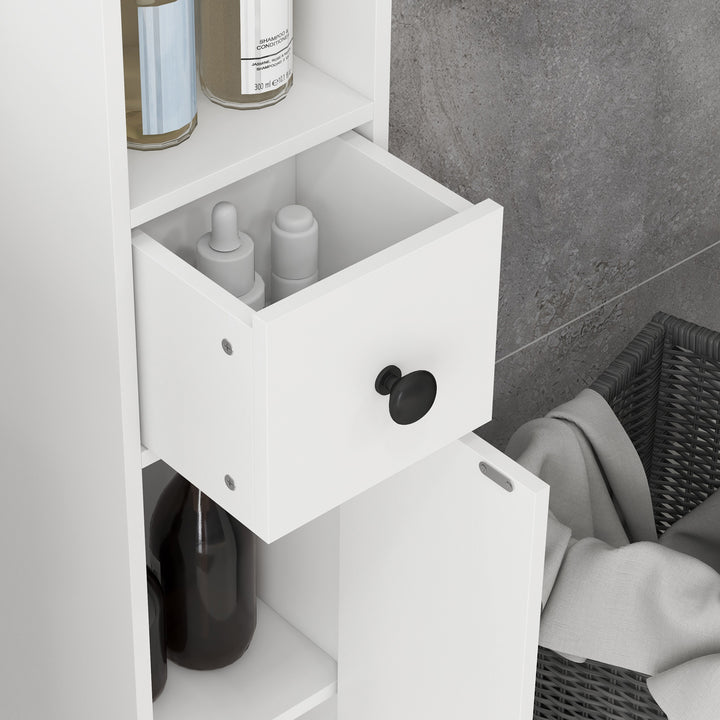 180cm Slim Bathroom Cabinet, with Drawer, Shelves and Cupboards - White