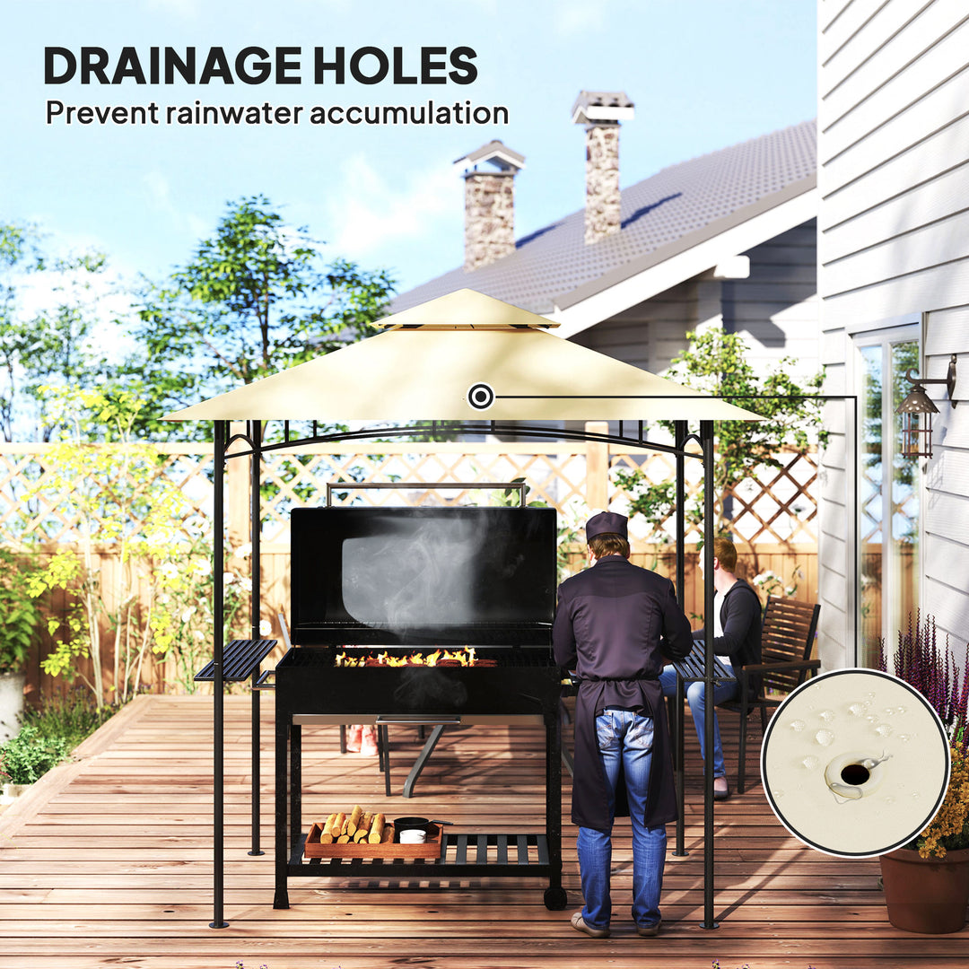 8' x 5' Grill Gazebo, Double Tiered BBQ Gazebo Shelter Canopy with LED Lights, 2 Side Shelves, Hooks, Beige