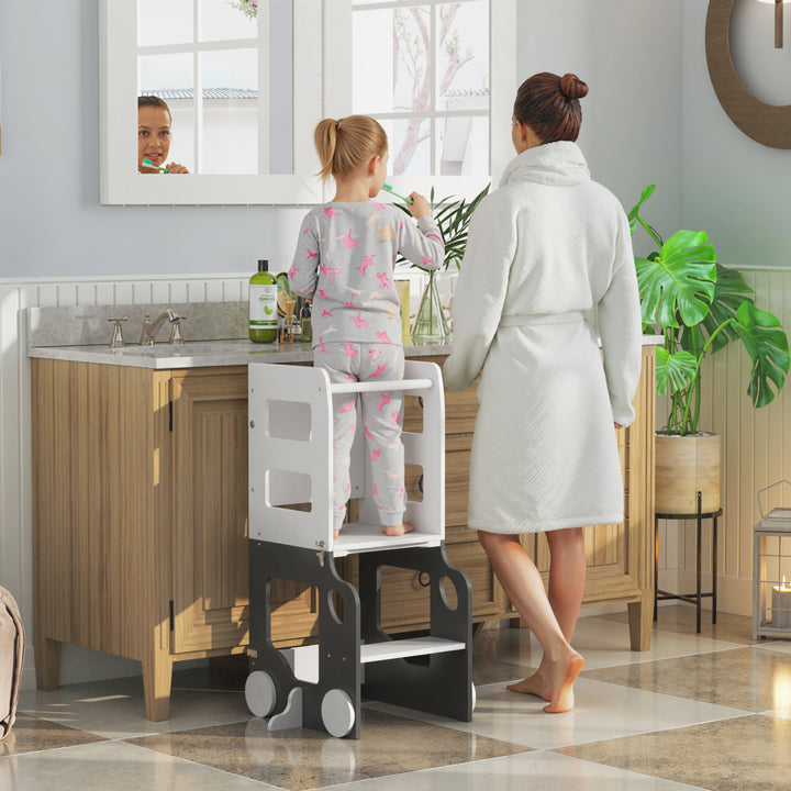 Toddler Step Stool, 4 in 1 Standing Tower, Foldable Toddler Step with Safety Rail, for Kitchen, Bathroom