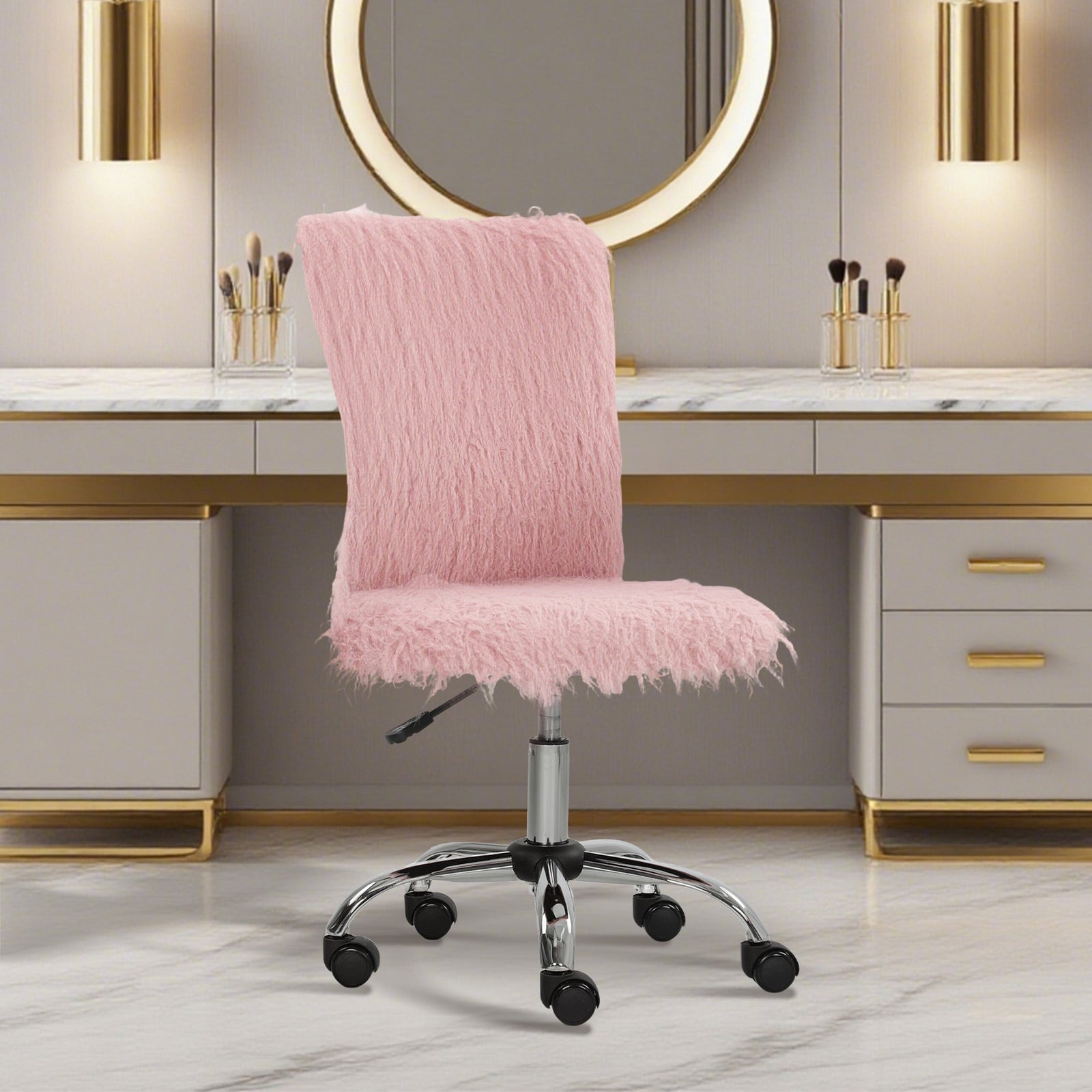 Plush Office Desk Chair, Modern Armless Swivel Vanity Chair with Adjustable Height for Home Office, Bedroom, Living Room, Pink
