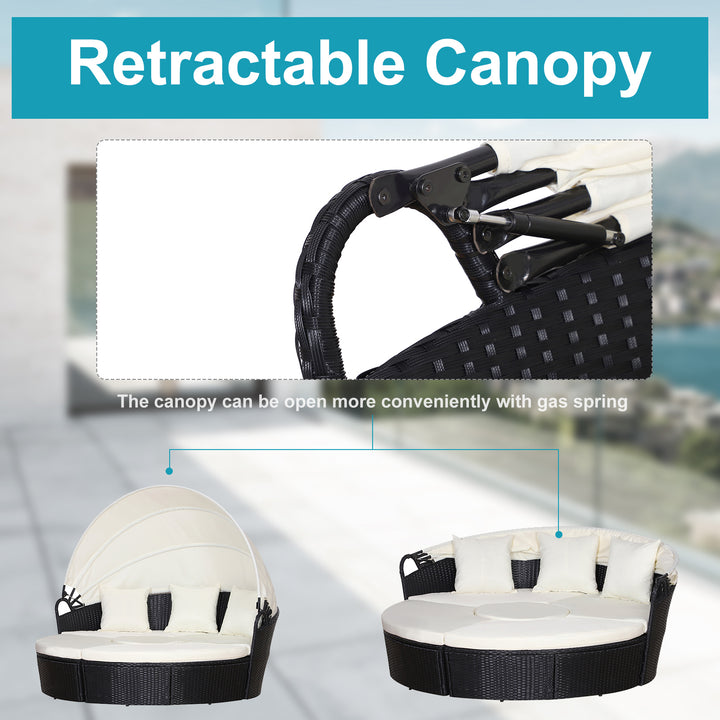 Five-Piece Rattan Garden Bed, with Canopy - Black/White