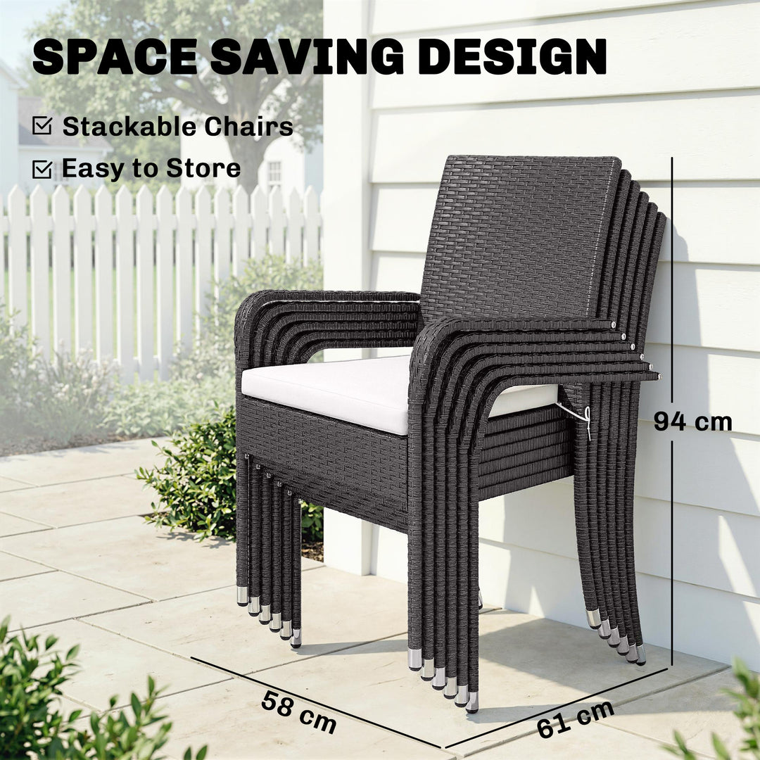 7 Piece Rattan Garden Furniture Set, 6 Seater Garden Table and 6 Stack