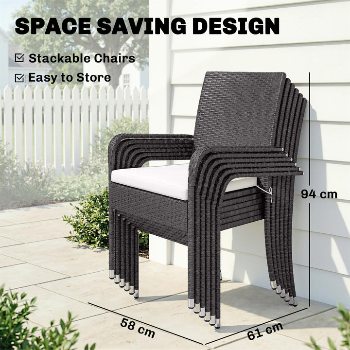 7 Piece Rattan Garden Furniture Set, 6 Seater Garden Table and 6 Stack