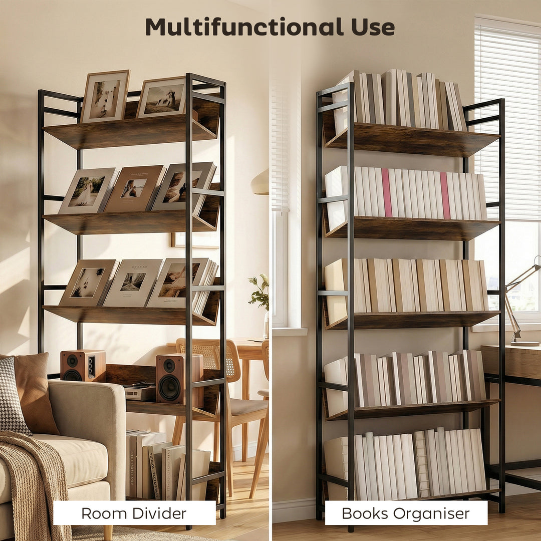 Bookshelf 5-Tier Metal Frame Room Divider Bookcase Storage Shelves for