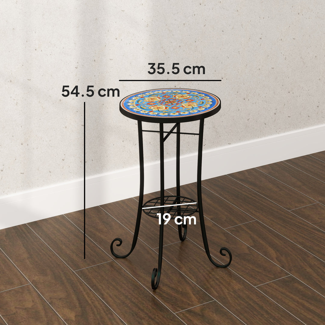 Mosaic Garden Table, 35.5 cm Round Outdoor Table with Shelf, Ceramic Tile Top, Small Garden Side Table Bistro Table End Table Plant Stand for Indoor, Patio, Balcony, Blue