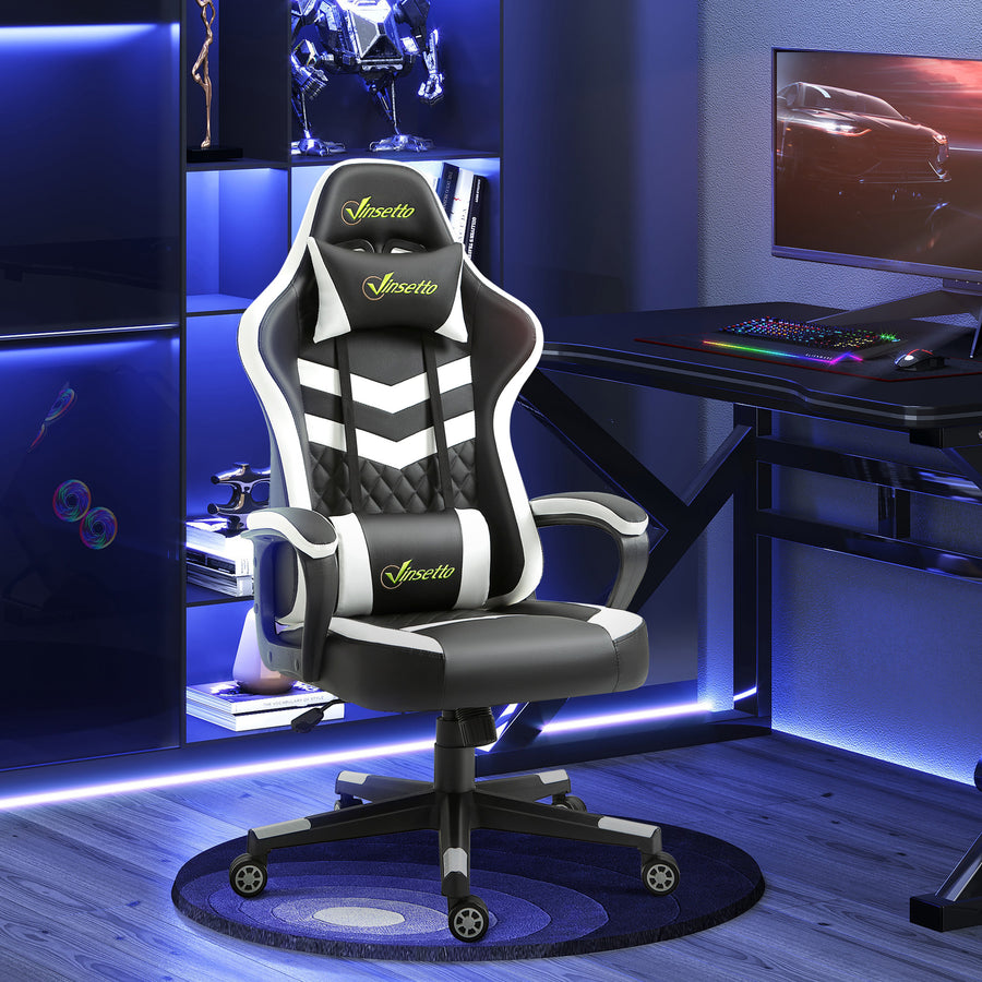 Gaming Chair, Computer Desk Chair with Lumbar Support, Faux Leather Racing Chair with Headrest and Swivel Wheels for Home Office, Black White