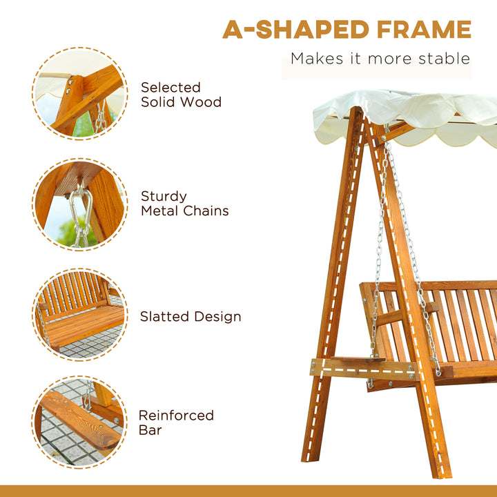 2 Seater Garden Swing Seat with Canopy, Wooden Swing Chair, Outdoor Hammock Bench for Balcony Patio Porch, Cream White