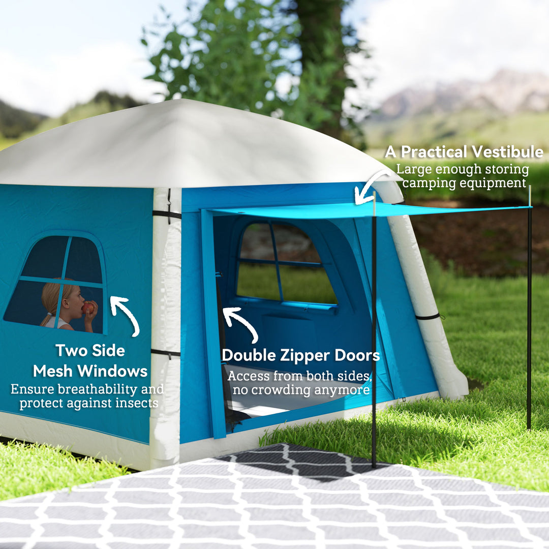 Inflatable Camping Tent w/ Hand Pump, Easy Setup 1/2 Person Blow Up Tent Waterproof 190T Taffeta w/ Mesh Windows, Doors and Carry Bag, Light Blue