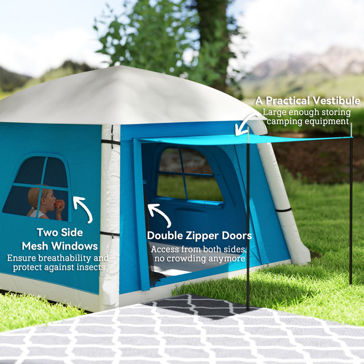 Inflatable Camping Tent w/ Hand Pump, Easy Setup 1/2 Person Blow Up Tent Waterproof 190T Taffeta w/ Mesh Windows, Doors and Carry Bag, Light Blue